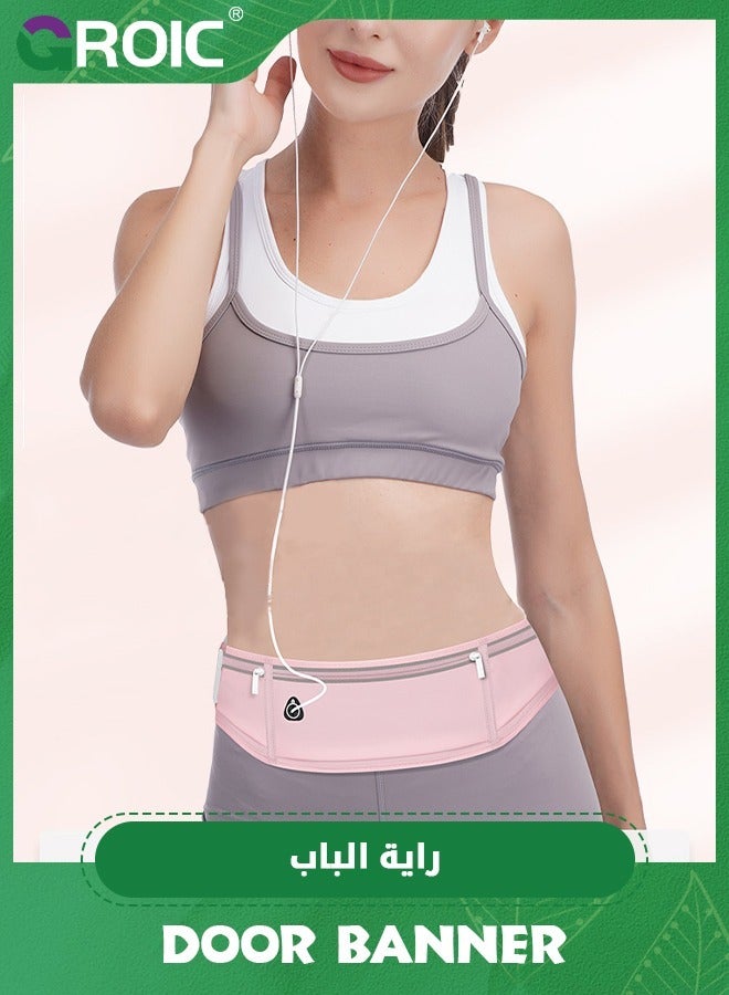 GROIC Running Belt Fanny Packs for Women, Slim Belt Bag Jogging Pocket Belt Money Belt Phone Holder Waist Pack for Running Hiking Traveling - Pink  - Image 2