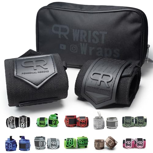 PR Personal Record Heavy Duty Premium Wrist Wraps, More Elasticity, Reinforced Stitching, Extra Wide Strap, Strong Thumb Loop, Larry Wheels Weightlifting Wraps, Lifting Wrist Wraps - All Black - Image 1
