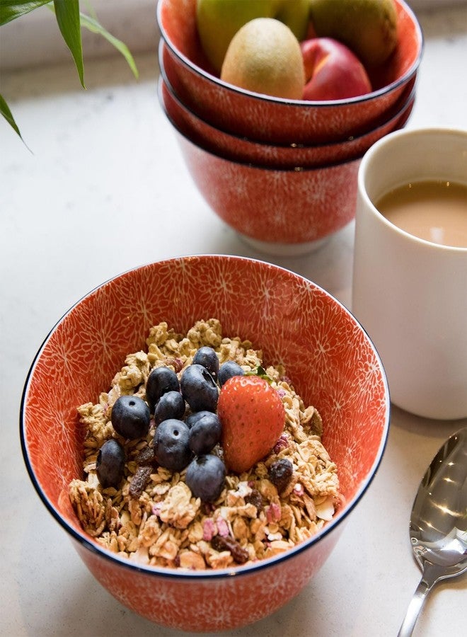 كيتشين كرافت طقم أوعية خزفية مزججة فاخرة من KitchenCraft مكون من 4 قطع، بنقشة زهور يابانية، طقم أوعية سيراميك باللونين الأحمر والأبيض بقاعدة ثابتة، آمن للاستخدام في الميكروويف وغسالة الصحون، 15.7 سم - Image 4