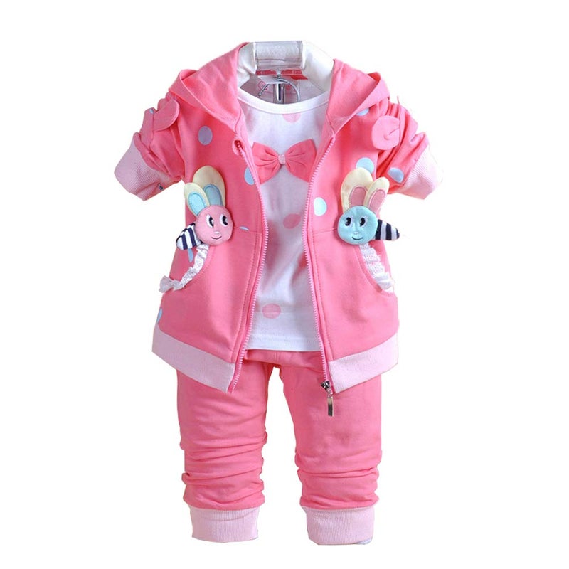 Yao 6M-4Y 3pcs Baby Girl Casual Hoodie Jacket Cotton T-Shirt Pants Sweater (Hot Pink,6-12M)
