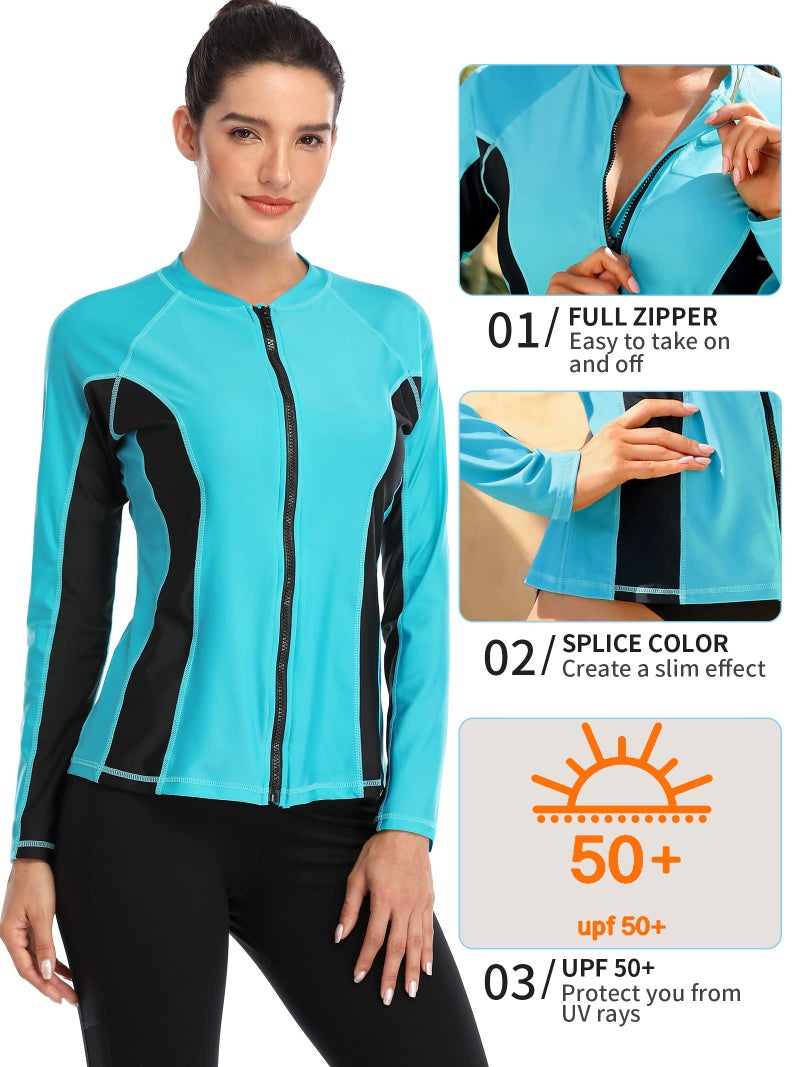 ATTRACO Zipper Rash Guard Women Long Sleeve Swimsuits Athletic UV Shirts Aqua M - Image 4