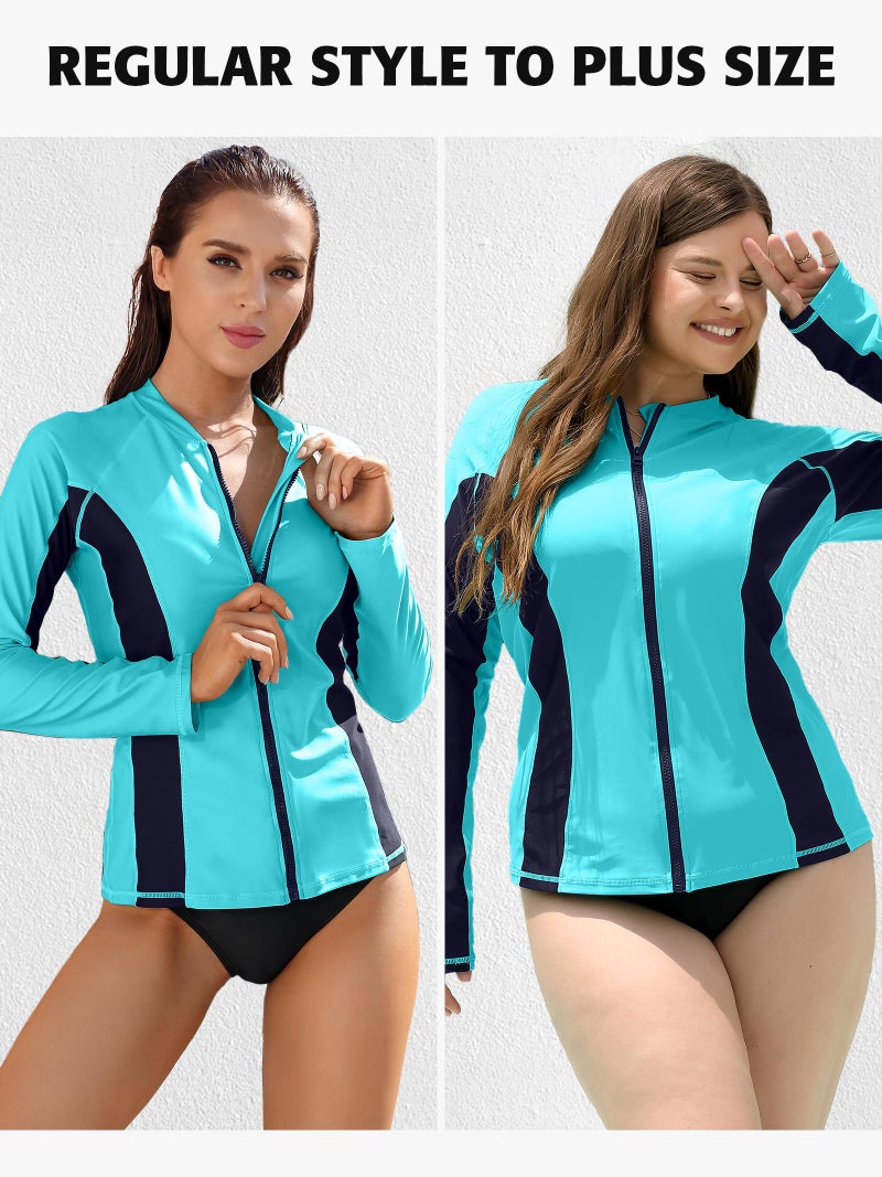 ATTRACO Zipper Rash Guard Women Long Sleeve Swimsuits Athletic UV Shirts Aqua M - Image 5