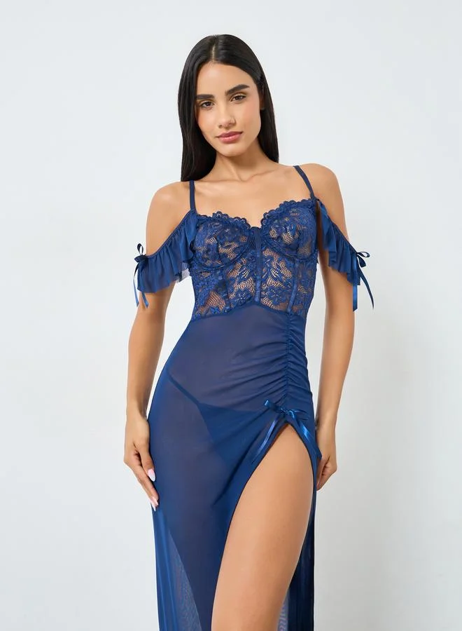 Styli Underwired Lace Corset Top Off Shoulder Maxi Slip with Brief