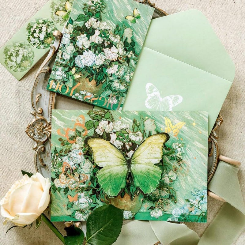 كاست ويف بطاقة معايدة على شكل فراشة وزهرة منبثقة، بطاقة معايدة ثلاثية الأبعاد مع مغلف، بطاقات احتفال، هدايا مصنوعة يدويًا للنساء والزوجات والابنات وعيد الأم وأذكركم بالذكرى السنوية - Image 2