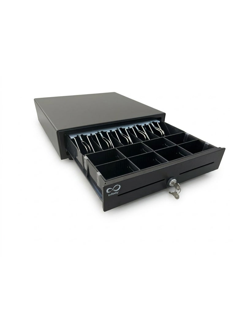 Infinity M415 درج كاشير معدني 5 ورق + 8 عملات مع قفل ومفتاح – Cash Drawer متوافق مع POS وطابعات الإيصالات – مناسب للسوبر ماركت والصيدليات والمتاجر - Image 1