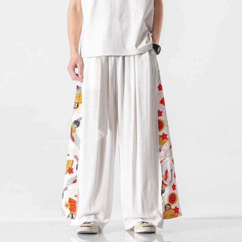 Chinese Style Cotton Linen Crane Printed Wide-legged Pants Mens Hanfu Tang Suit Ancient Costume Performance Costume Antique Fairy Elegant Culottes White Fan