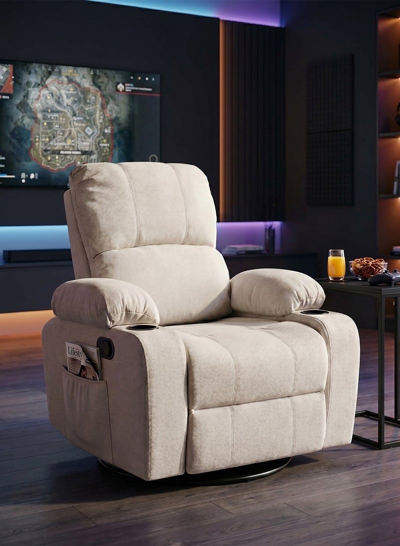 M-Smart Swivel Recliner Chair for Living Room - Lazy Boy Comfortable Rocking Chair with Double Cup Holders and Side Pocket, Back and Neck Support Design for Long Sitting, Reading, Watching TV and Napping, 95x92x93cm - Beige - Image 2