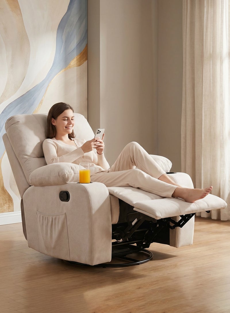 M-Smart Swivel Recliner Chair for Living Room - Lazy Boy Comfortable Rocking Chair with Double Cup Holders and Side Pocket, Back and Neck Support Design for Long Sitting, Reading, Watching TV and Napping, 95x92x93cm - Beige - Image 4