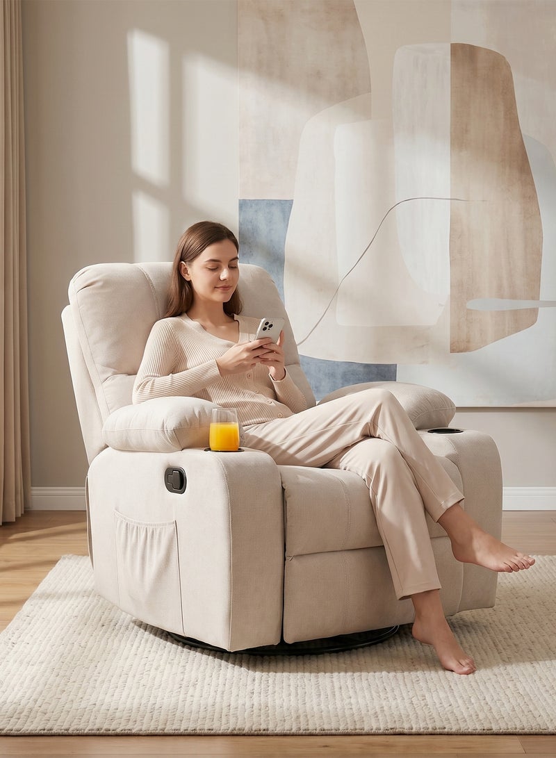 M-Smart Swivel Recliner Chair for Living Room - Lazy Boy Comfortable Rocking Chair with Double Cup Holders and Side Pocket, Back and Neck Support Design for Long Sitting, Reading, Watching TV and Napping, 95x92x93cm - Beige - Image 3