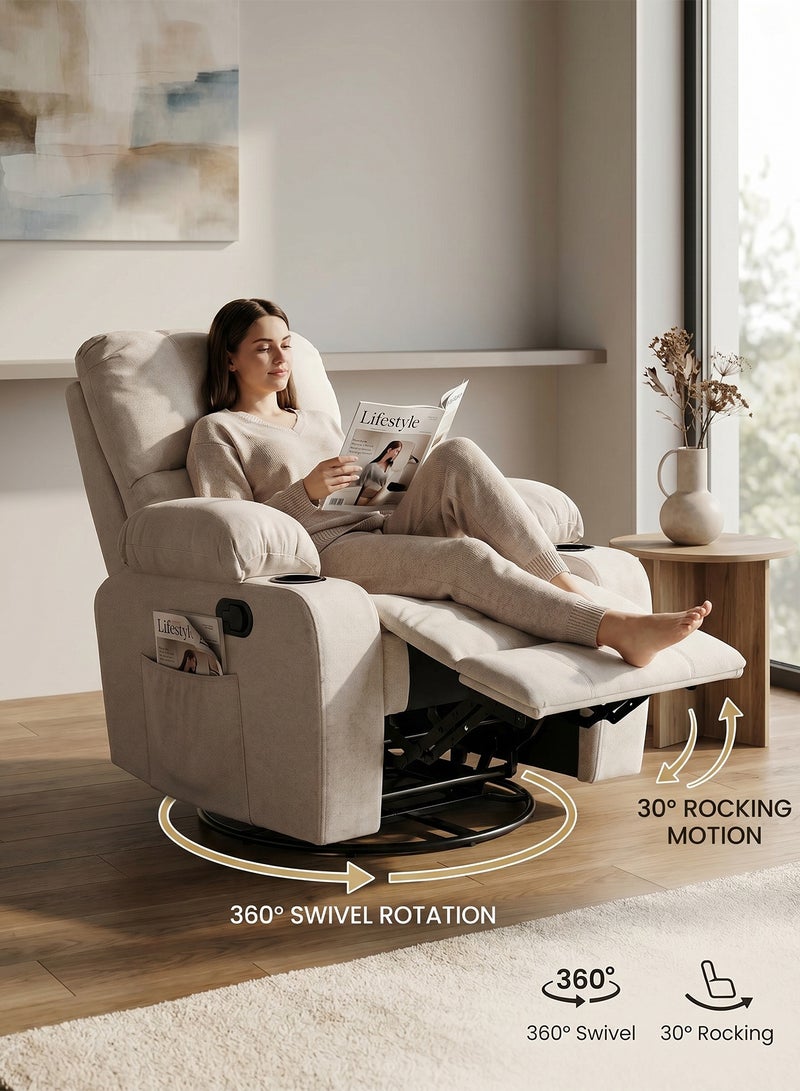 M-Smart Swivel Recliner Chair for Living Room - Lazy Boy Comfortable Rocking Chair with Double Cup Holders and Side Pocket, Back and Neck Support Design for Long Sitting, Reading, Watching TV and Napping, 95x92x93cm - Beige - Image 5