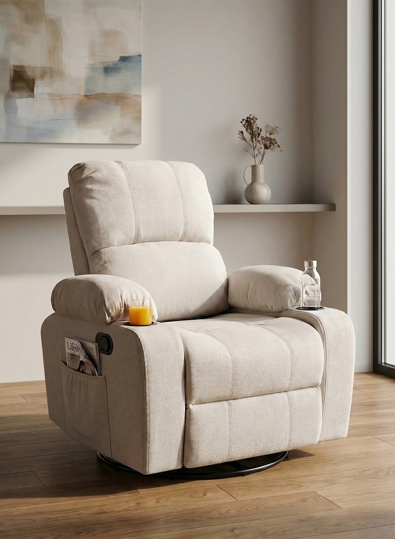 M-Smart Swivel Recliner Chair for Living Room - Lazy Boy Comfortable Rocking Chair with Double Cup Holders and Side Pocket, Back and Neck Support Design for Long Sitting, Reading, Watching TV and Napping, 95x92x93cm - Beige - Image 1