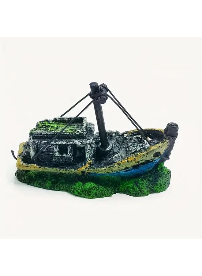 Fisherman Boat Sunken Shipwreck Aquarium Decor Resin Fish Tank Ornament for Freshwater Saltwater - Image 1