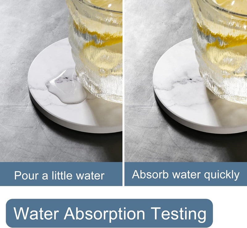 Qeedy 6 Pcs Coasters for Drinks, Absorbent Ceramic Stone Coaster with Metal Holder Set, Durable Round Bar Coaster with Cork Base for Table Protection, Housewarming Gifts, Home Decor (White Marble, 4 Inch) - Image 2