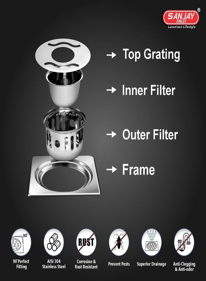 Sanjay Chilly Square Wave SS Floor Drain Pipe Hole with Cockroach Trap for Bathroom 304 Grade | Kitchen Sink Floor Drain Cover Jali washbasin Bathtub Waste Water Drainer (Gypsy Silver 5x5 INCH) - Image 3