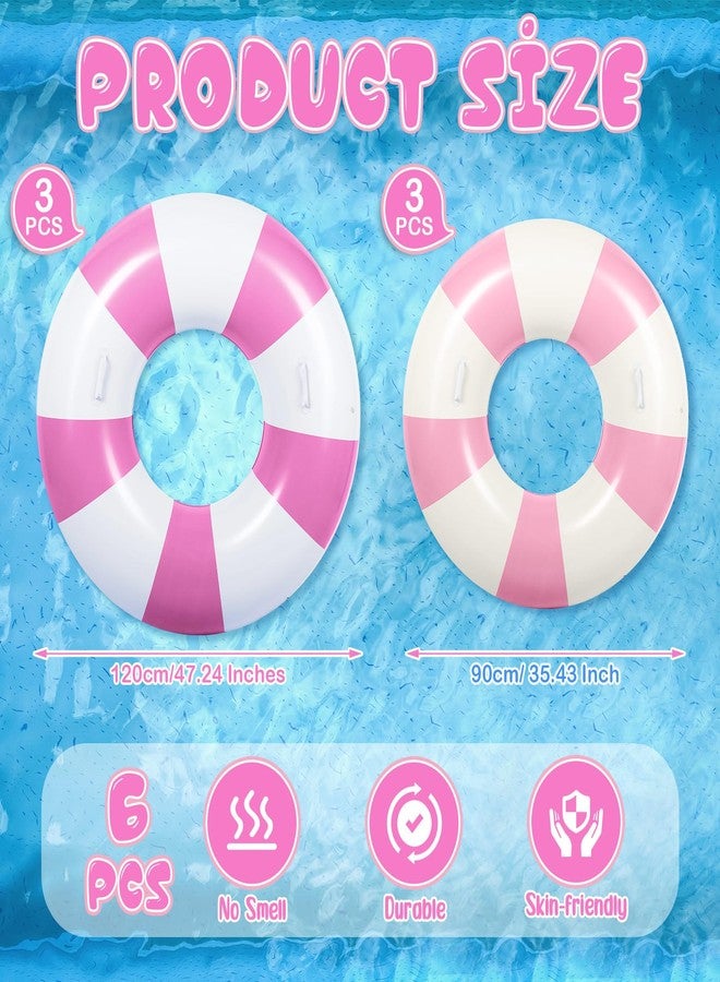 WinnerWhy 6 Pcs Large Swim Ring with Handles 47.24 Inch 35.43 Inch Inflatable Striped Pool Inner Tubes Swimming Pool Ring Float for Teens Adults Summer Beach Party Supplies(Pink White) - Image 2