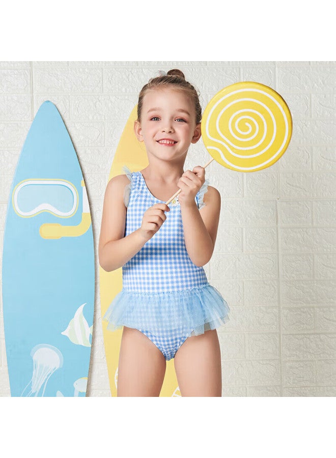 Yizi Girls' Swimsuit, Hot Spring Swimwear, Toddler Ruffle One-piece Swimsuit, Ezi18g040, Blue And White Plaid, 90cm - Image 4