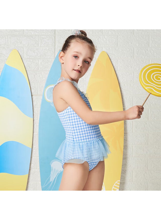 Yizi Girls' Swimsuit, Hot Spring Swimwear, Toddler Ruffle One-piece Swimsuit, Ezi18g040, Blue And White Plaid, 90cm - Image 5