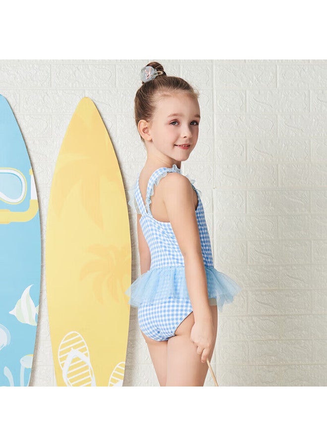 Yizi Girls' Swimsuit, Hot Spring Swimwear, Toddler Ruffle One-piece Swimsuit, Ezi18g040, Blue And White Plaid, 90cm - Image 1