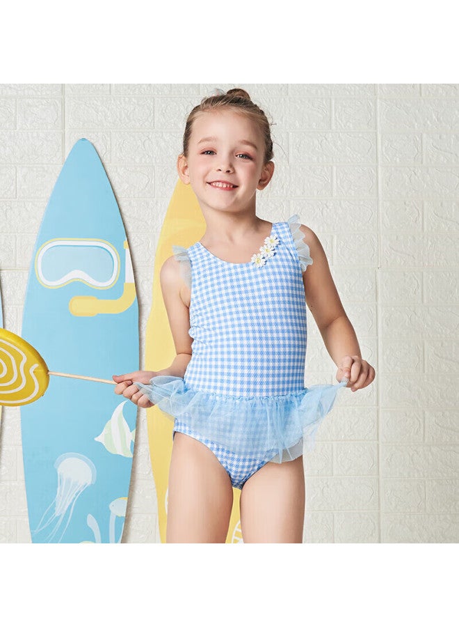 Yizi Girls' Swimsuit, Hot Spring Swimwear, Toddler Ruffle One-piece Swimsuit, Ezi18g040, Blue And White Plaid, 90cm - Image 2