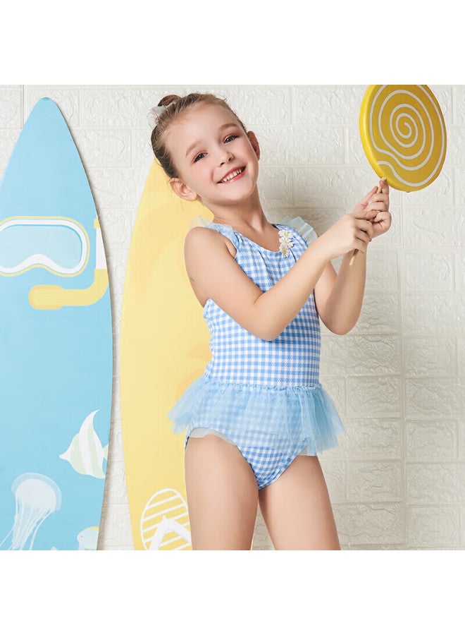 Yizi Girls' Swimsuit, Hot Spring Swimwear, Toddler Ruffle One-piece Swimsuit, Ezi18g040, Blue And White Plaid, 90cm - Image 3