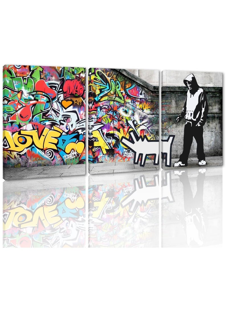 مؤسسة فكرة اليوم فكرة اليوم رجل مع كلب جرافيتي جداري فني مكون من 3 لوحات فنية كلاسيكية مطبوعة بدقة عالية على قماش ديكور منزلي لغرفة المعيشة والمكتب والبار مؤطرة وجاهزة للتعليق (72 عرض × 36 ارتفاع بوصة) - Image 1