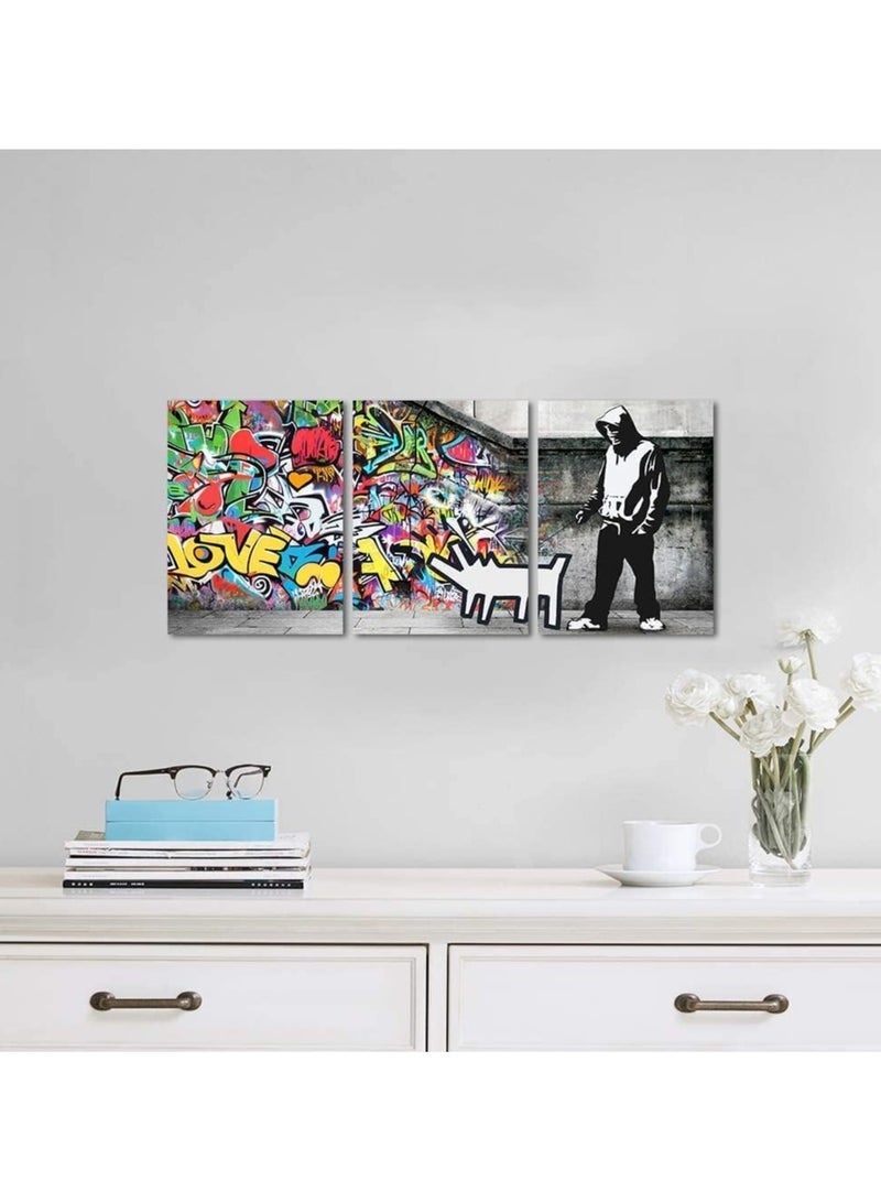 مؤسسة فكرة اليوم فكرة اليوم رجل مع كلب جرافيتي جداري فني مكون من 3 لوحات فنية كلاسيكية مطبوعة بدقة عالية على قماش ديكور منزلي لغرفة المعيشة والمكتب والبار مؤطرة وجاهزة للتعليق (72 عرض × 36 ارتفاع بوصة) - Image 2