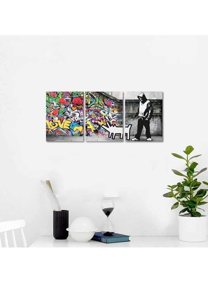 مؤسسة فكرة اليوم فكرة اليوم رجل مع كلب جرافيتي جداري فني مكون من 3 لوحات فنية كلاسيكية مطبوعة بدقة عالية على قماش ديكور منزلي لغرفة المعيشة والمكتب والبار مؤطرة وجاهزة للتعليق (72 عرض × 36 ارتفاع بوصة) - Image 3