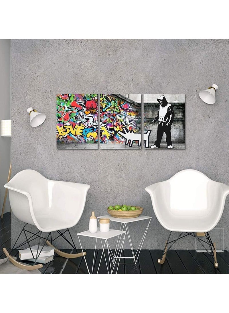 مؤسسة فكرة اليوم فكرة اليوم رجل مع كلب جرافيتي جداري فني مكون من 3 لوحات فنية كلاسيكية مطبوعة بدقة عالية على قماش ديكور منزلي لغرفة المعيشة والمكتب والبار مؤطرة وجاهزة للتعليق (72 عرض × 36 ارتفاع بوصة) - Image 4