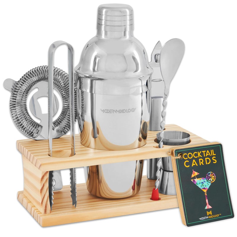 Modern Mixology Modern Mixology Bartender Kit  8Piece Cocktail Shaker Set with Wood Stand Recipe Cards and Bar Accessories Ideas Silver 