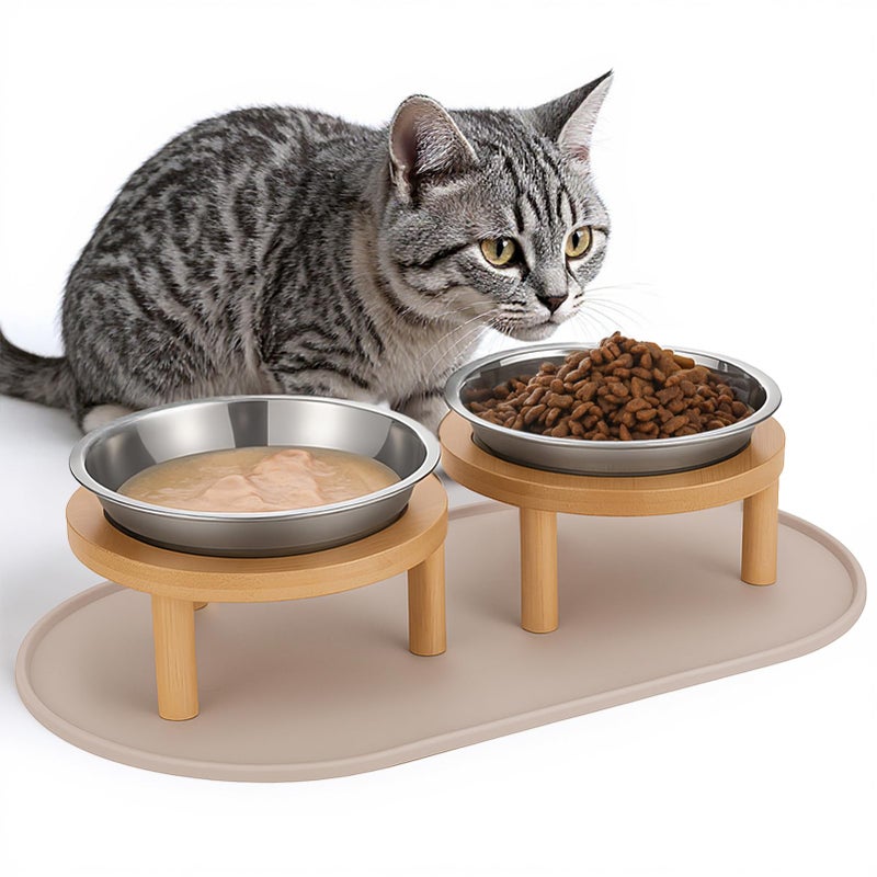 Summark Elevated Cat Bowls with Food Mat,6.3 Inches Shallow Raised Bowls Whisker Friendly,2 Stainless Steel Cat Food and Water Dishes for Cats and Puppies,Dishwasher Safe - Image 1
