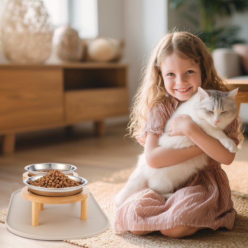 Summark Elevated Cat Bowls with Food Mat,6.3 Inches Shallow Raised Bowls Whisker Friendly,2 Stainless Steel Cat Food and Water Dishes for Cats and Puppies,Dishwasher Safe - Image 5