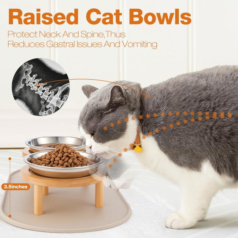 Summark Elevated Cat Bowls with Food Mat,6.3 Inches Shallow Raised Bowls Whisker Friendly,2 Stainless Steel Cat Food and Water Dishes for Cats and Puppies,Dishwasher Safe - Image 2