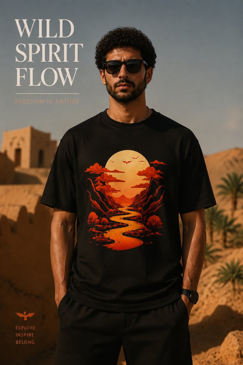 Men's Black Oversized Desert Sunset Graphic T-Shirt Casual Short Sleeve Crew Neck Streetwear Tee - Image 2