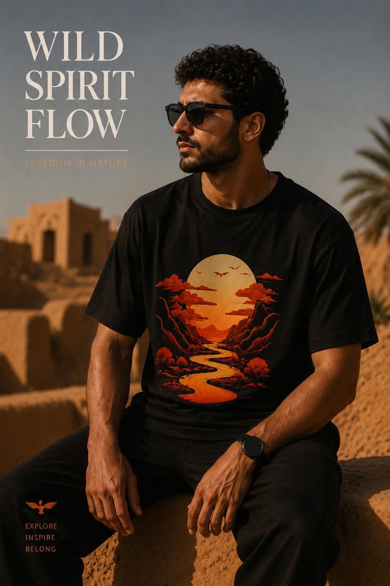 Men's Black Oversized Desert Sunset Graphic T-Shirt Casual Short Sleeve Crew Neck Streetwear Tee - Image 4