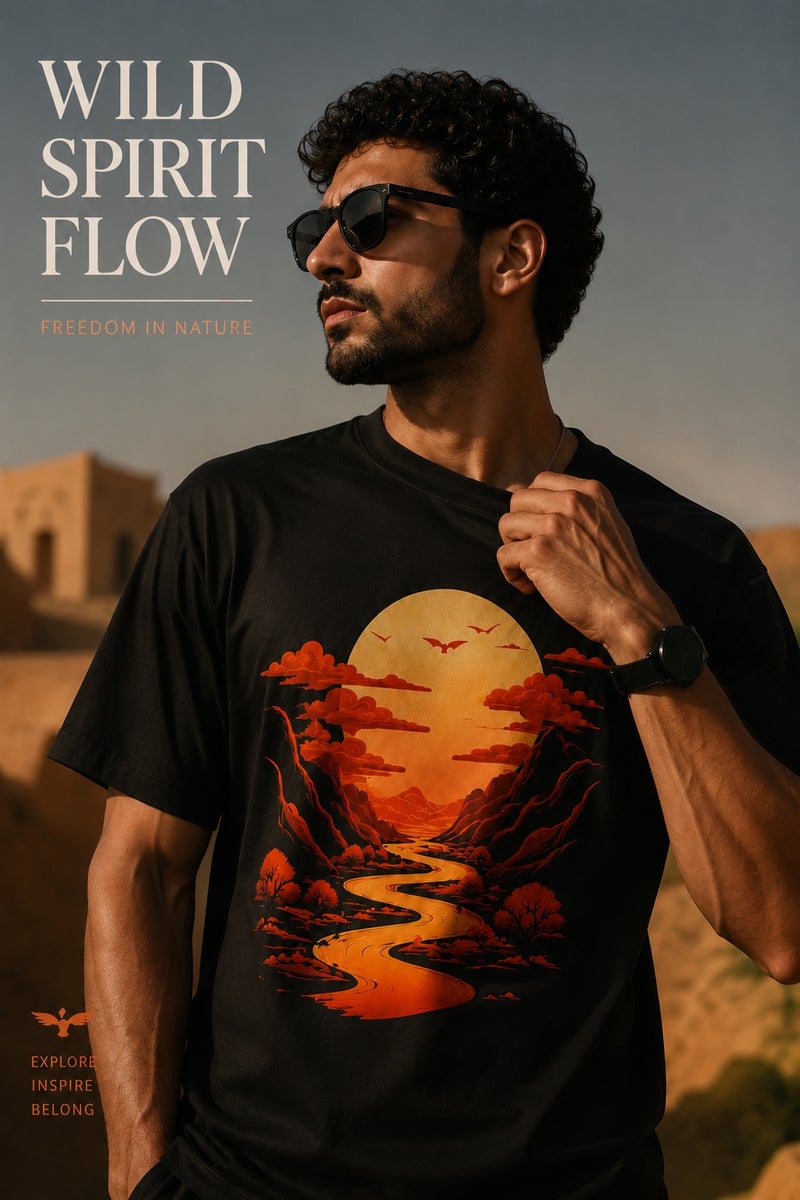 Men's Black Oversized Desert Sunset Graphic T-Shirt Casual Short Sleeve Crew Neck Streetwear Tee - Image 1