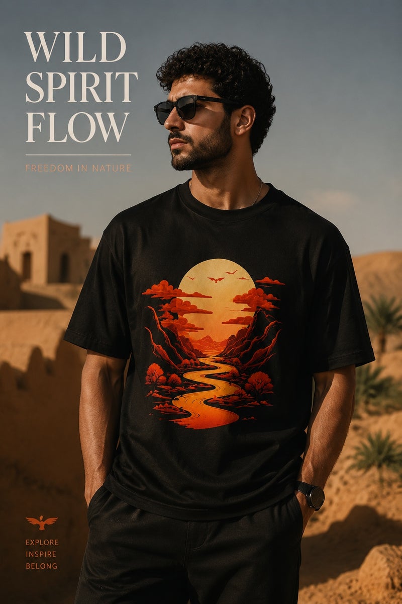 Men's Black Oversized Desert Sunset Graphic T-Shirt Casual Short Sleeve Crew Neck Streetwear Tee - Image 5