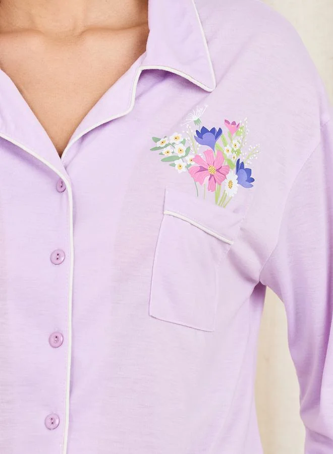 ستايلي Floral Print Contrast Piped Detail Shirt and Pyjama Set