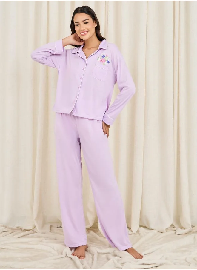 Styli Floral Print Contrast Piped Detail Shirt and Pyjama Set