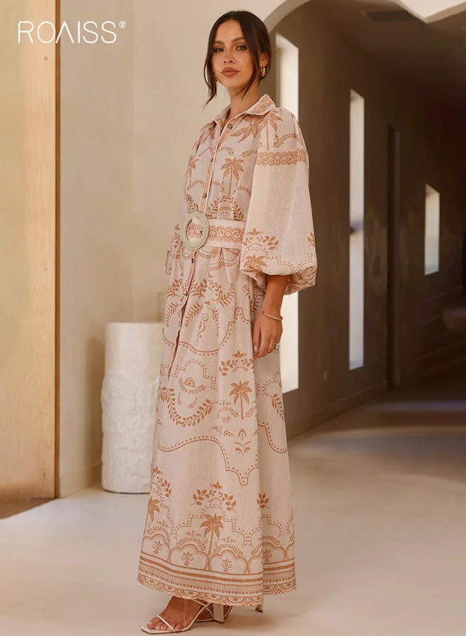 رويس فستان ماكسي نسائي بفتحة رقبة على شكل حرف V وأزرار، فستان كاجوال فضفاض من الكتان على الطراز العرقي، فستان قميص بأكمام منتفخة عالية الخصر مع حزام، لون كاكي - Image 3