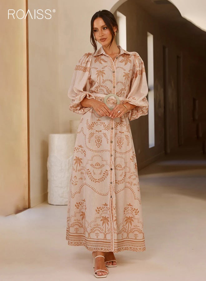 رويس فستان ماكسي نسائي بفتحة رقبة على شكل حرف V وأزرار، فستان كاجوال فضفاض من الكتان على الطراز العرقي، فستان قميص بأكمام منتفخة عالية الخصر مع حزام، لون كاكي - Image 2