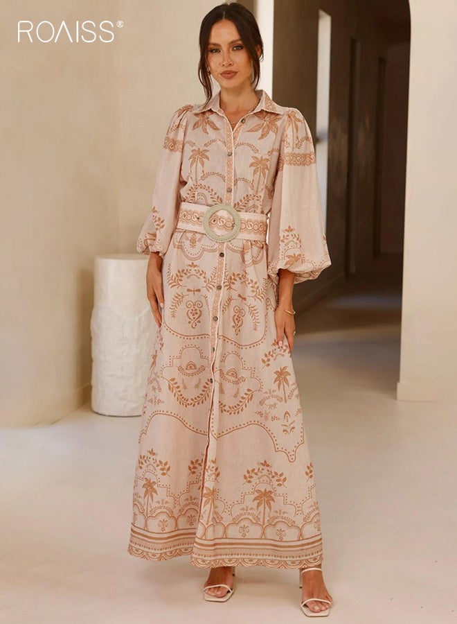 رويس فستان ماكسي نسائي بفتحة رقبة على شكل حرف V وأزرار، فستان كاجوال فضفاض من الكتان على الطراز العرقي، فستان قميص بأكمام منتفخة عالية الخصر مع حزام، لون كاكي - Image 1