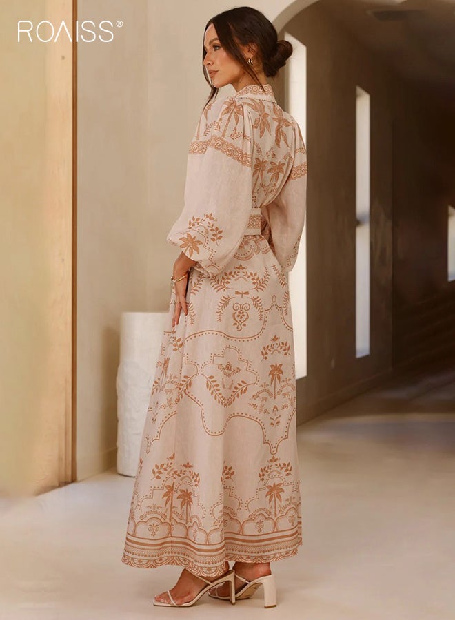 رويس فستان ماكسي نسائي بفتحة رقبة على شكل حرف V وأزرار، فستان كاجوال فضفاض من الكتان على الطراز العرقي، فستان قميص بأكمام منتفخة عالية الخصر مع حزام، لون كاكي - Image 4