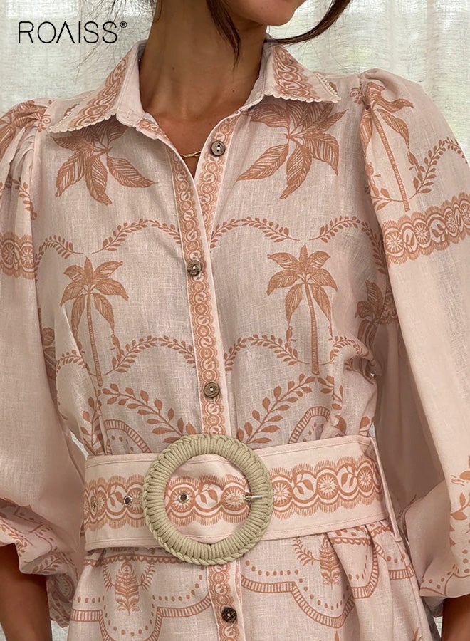 رويس فستان ماكسي نسائي بفتحة رقبة على شكل حرف V وأزرار، فستان كاجوال فضفاض من الكتان على الطراز العرقي، فستان قميص بأكمام منتفخة عالية الخصر مع حزام، لون كاكي - Image 5