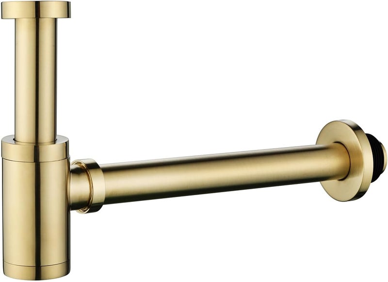 GORDEE Bathroom Brass Contemporary Round Bottle P Trap 1-1/4, Lavatory Adjustable Basin Sink Waste Drain P-Trap Kit, General US Standard, Brushed Nickel Gold - Image 1