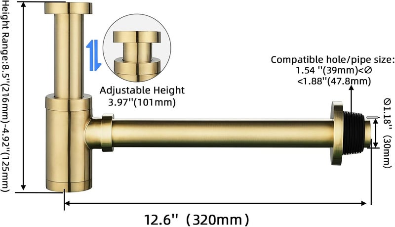 GORDEE Bathroom Brass Contemporary Round Bottle P Trap 1-1/4, Lavatory Adjustable Basin Sink Waste Drain P-Trap Kit, General US Standard, Brushed Nickel Gold - Image 3