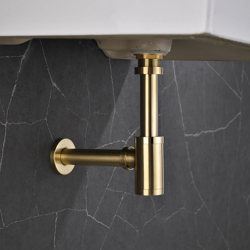 GORDEE Bathroom Brass Contemporary Round Bottle P Trap 1-1/4, Lavatory Adjustable Basin Sink Waste Drain P-Trap Kit, General US Standard, Brushed Nickel Gold - Image 2