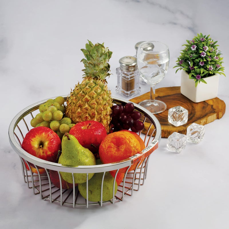 Priya Stainless Steel Fruit Basket Bowl for Kitchen Counter & Dining Table - Dolphin Round Design, 11-Inch Diameter, Chrome Finish, Beautiful, Rust-Resistant, Durable Fruit Storage Bowl - Image 3