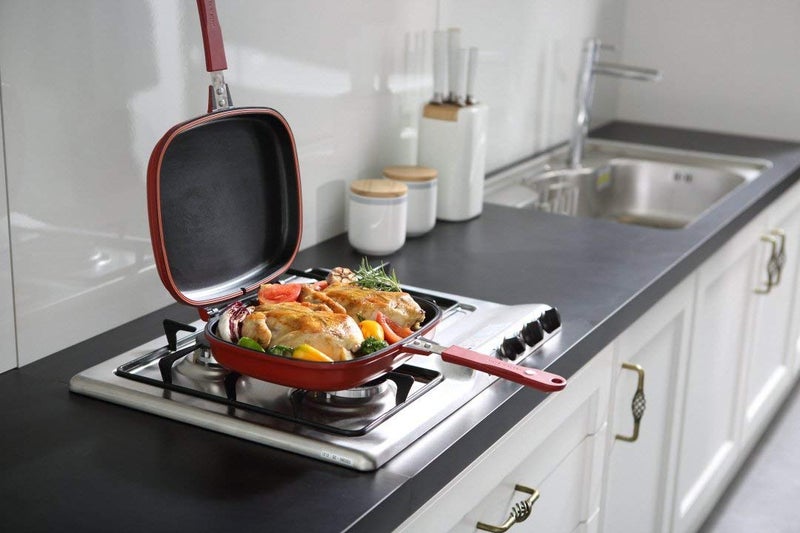 GBEX Happy Call Nonstick Double Sided Multi Purpose Nonstick Pan, Omelette Pan, Flip Pan, Square, Dishwasher Safe, PFOA-Free, Red (Jumbo Squared 3'H) Strong Magnetic Handles, Silicone Gasket. red - Image 4