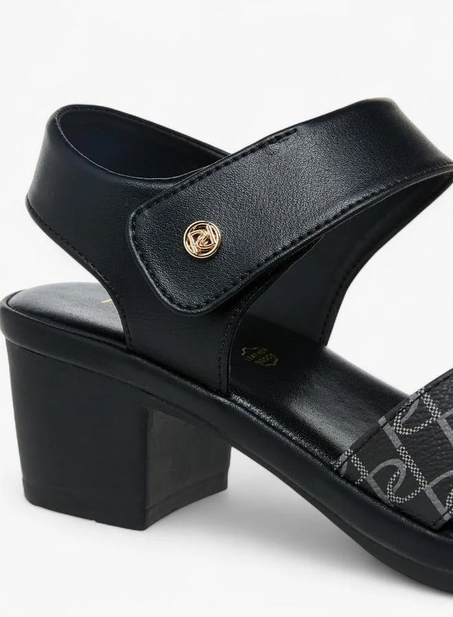 Paprika BLACK Monogram Print Sandals With Block Heels for Women | Best Price UAE
