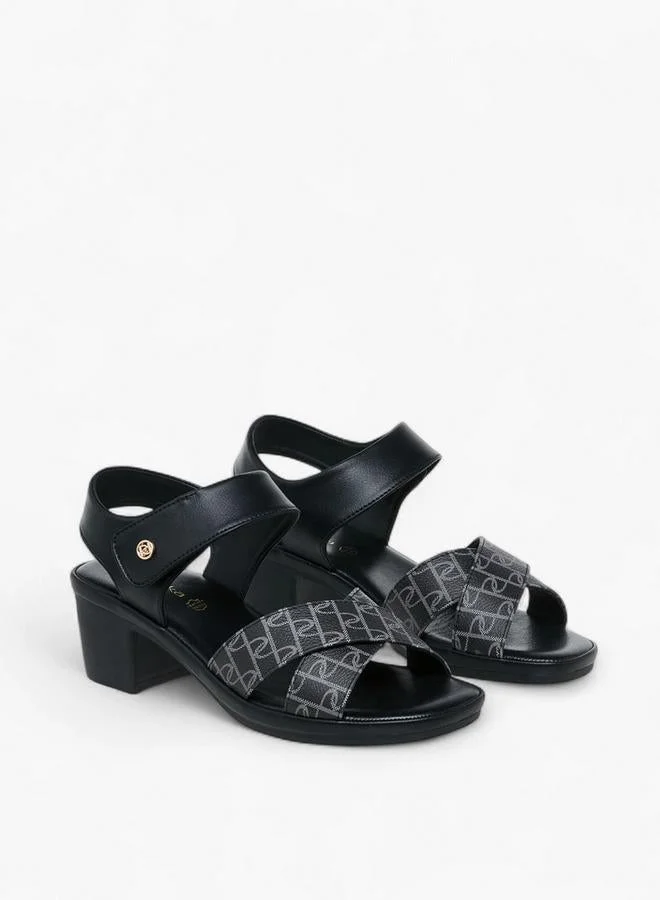 Paprika BLACK Monogram Print Sandals With Block Heels for Women | Best Price UAE
